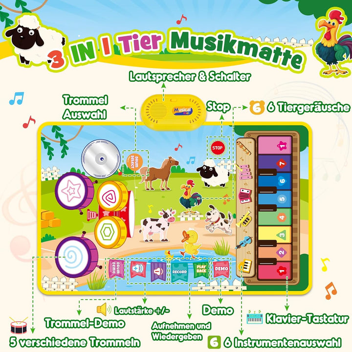 Dromlag 3 in 1 Musikmatte Kinderspielzeug 1 2 3 Jahre, Geschenk 1 Jahr Junge Mädchen 2 3 Jahre Spiel