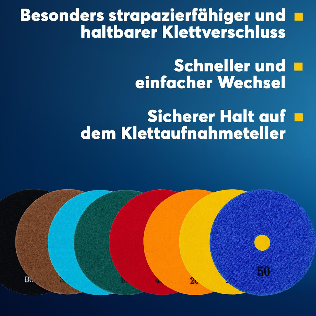 EDW Diamant-Schleifpad Set 9 teilig, D=100mm Trocken, Klettaufnahme, Naturstein, Fliesen, Feinsteinz