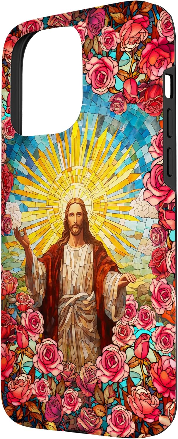 Hülle für iPhone 15 Pro Max Jesus Roses Floral Buntglas Look Christian Faith Rose, iPhone 15 Pro Max