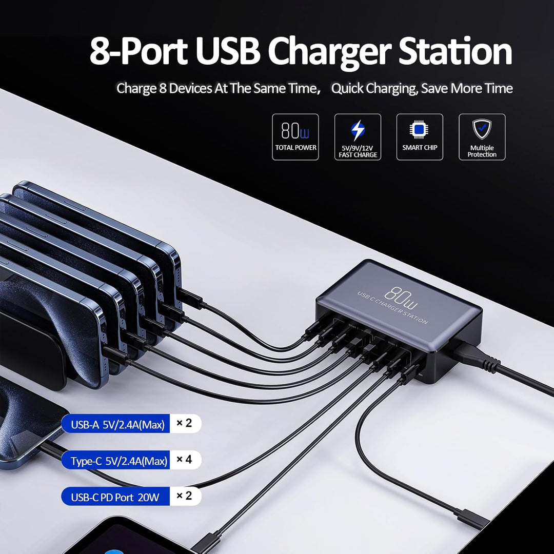 KitBox Mehrfach USB C Ladegerät Handy Schnellladegerät 70W Multi Ladestation mit 6* USB-C und 2* Min