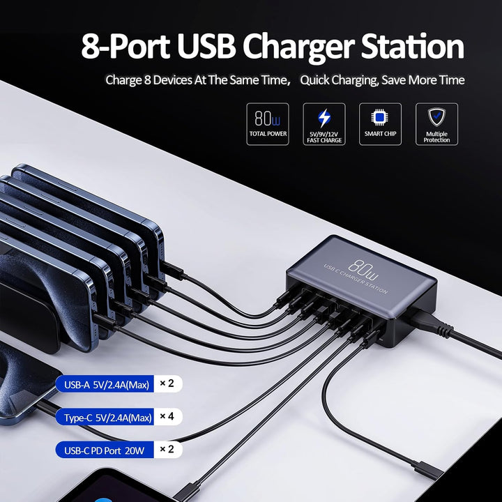 KitBox Mehrfach USB C Ladegerät Handy Schnellladegerät 70W Multi Ladestation mit 6* USB-C und 2* Min