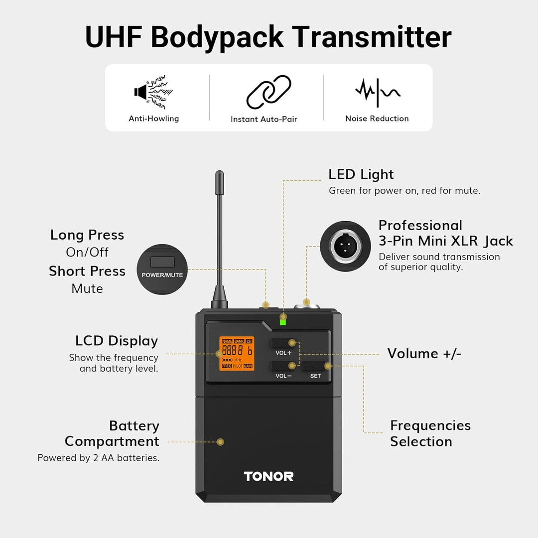 TONOR UHF Mikrofon Kabellos Set mit Headset Kopfbügel Funkmikrofon/Lavalier Ansteckmikrofonen Bodypa