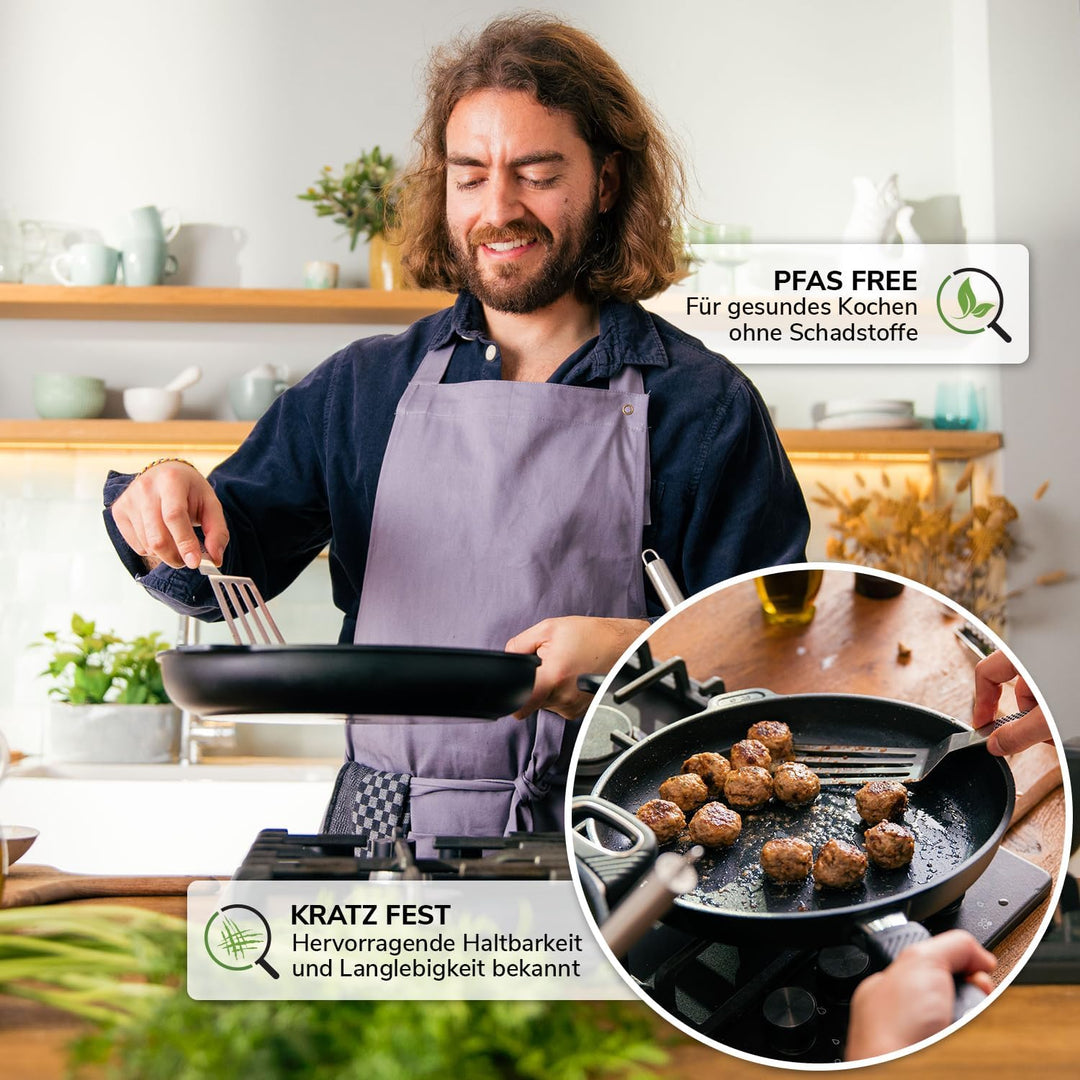 Premium Grillpfanne Induktion 28x28 cm – PFAS freie Antihaft Pfanne aus Dänemark | Ofenfest bis 260