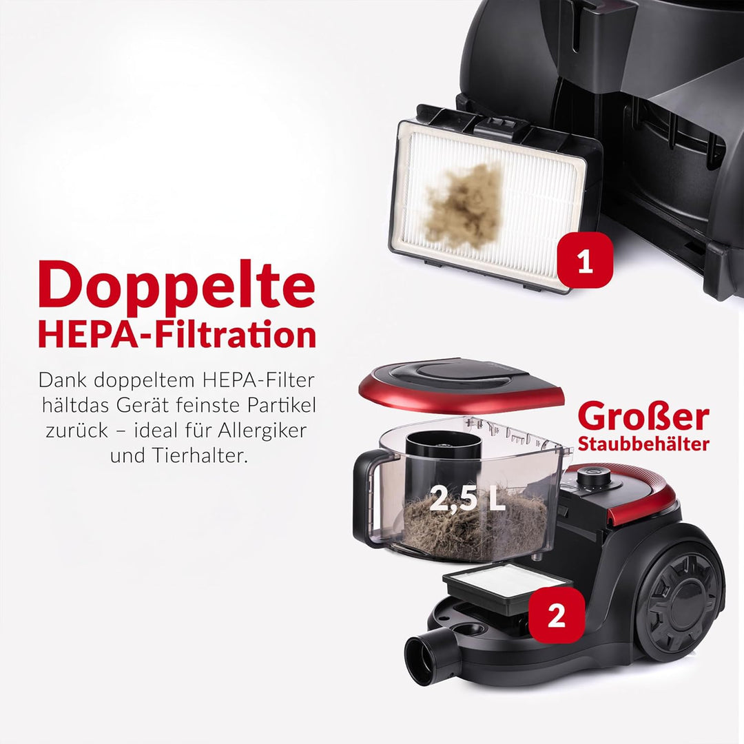 LEHMANN Zyklon Staubsauger beutellos, Leistungsstark, Doppelter HEPA-Filter für Allergiker, 2,5 L St