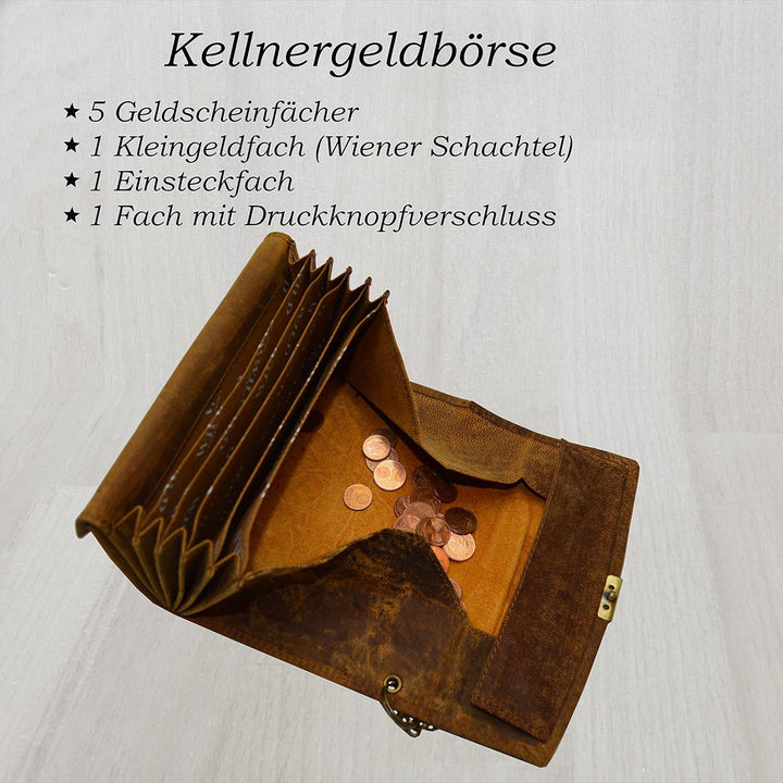 flevado Kellner Wild Leder Set Geldbörse und Kellnertasche Gastro Set Unisex Braun Stufenbörse