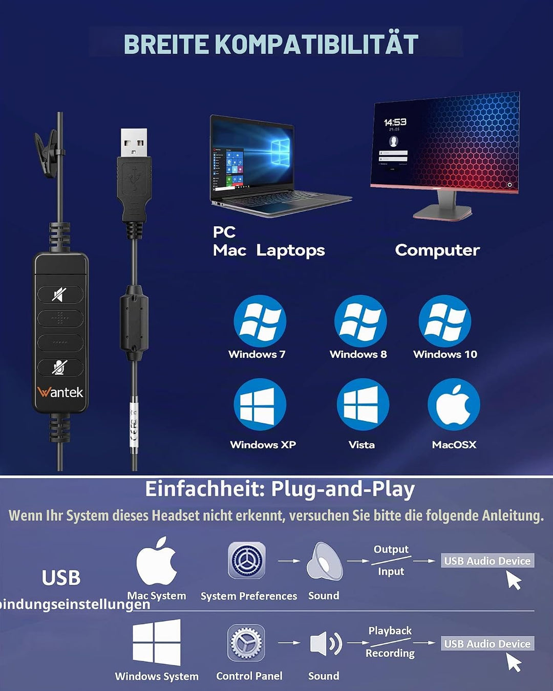 Wantek Kabelgebundene USB-Headsets Mono mit Geräuschunterdrückungs-Mikrofon und Inline-Steuerung, UC