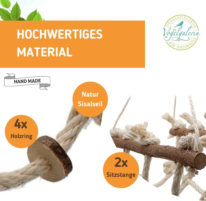 Vogelgaleria® Kletterspielzeug für Vögel aus Sisal und Naturholz - 3 in 1 (Klettern, Sitzen, Knabber