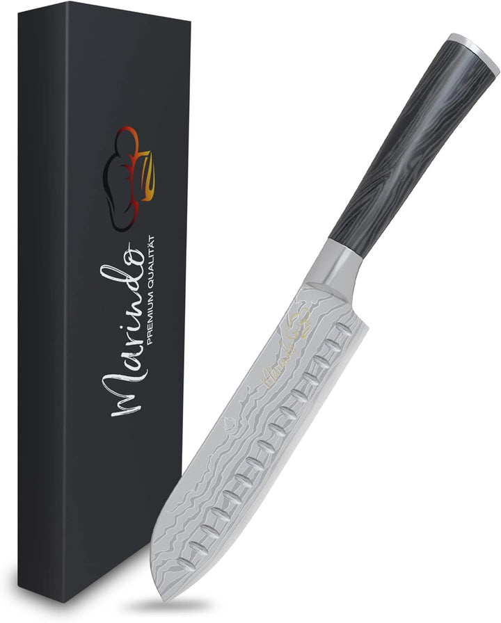 Marindo® Santoku Messer Edelstahl 17,8 cm Klinge | japanisches Küchenmesser mit Damastmesser Optik &