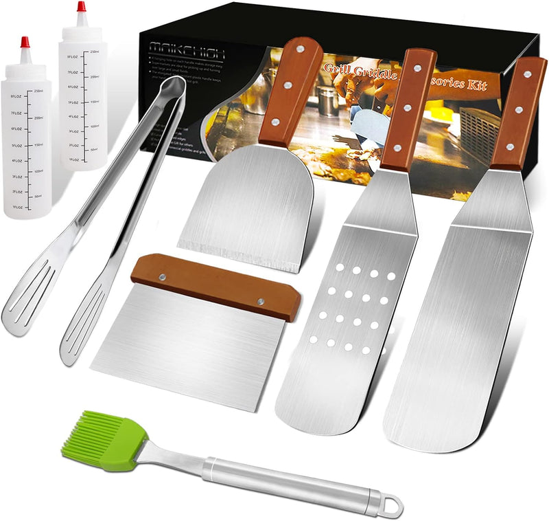 MAIKEHIGH Grillspachtel Plancha Zubehör, 8 Stück Edelstahl Grillbesteck Set Schwerer Grillwender Kit