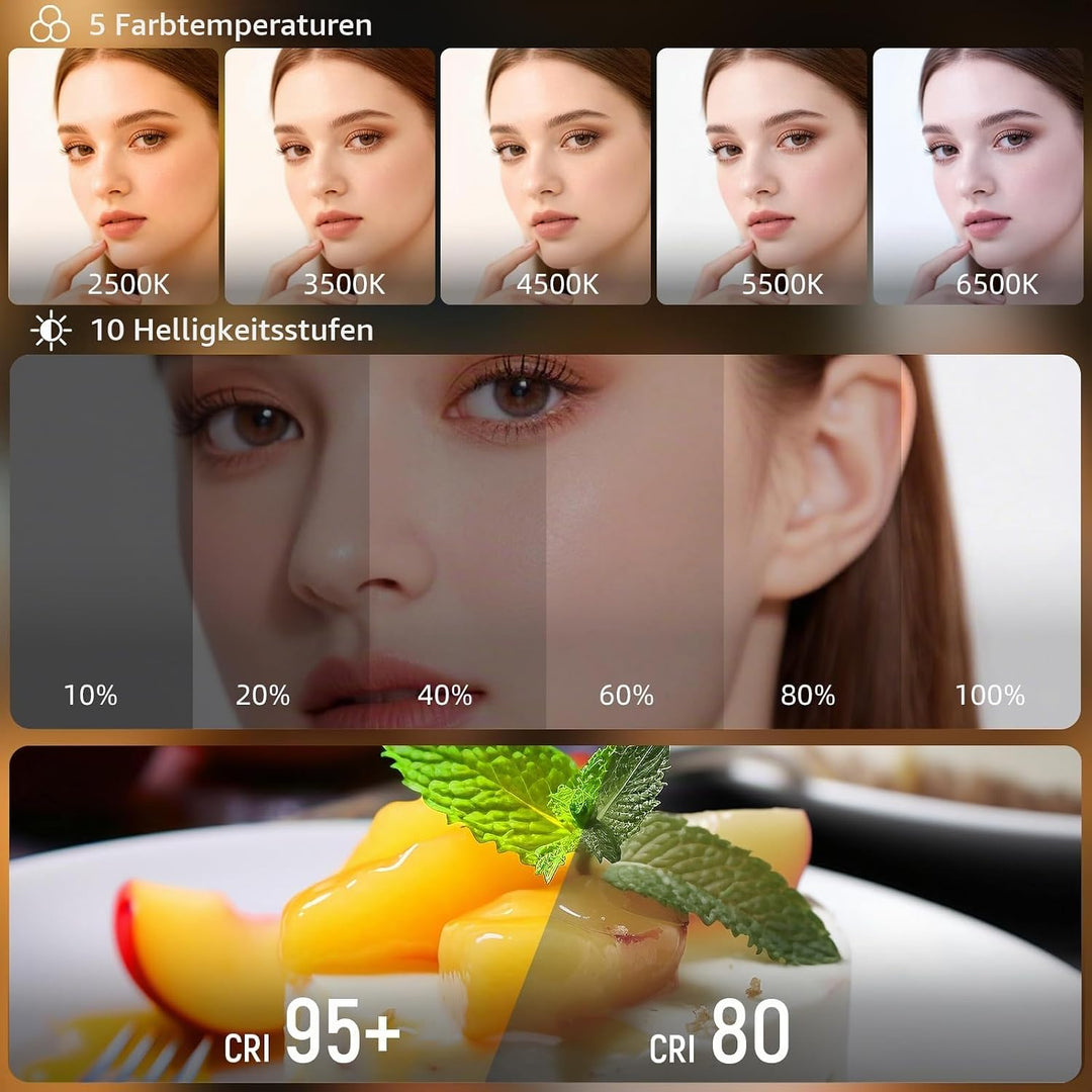 Magnetische Selfie-Licht, Handy-Licht kompatibel, 5 Level 2500K-6500K, CRI 95+, 360° LED Selfie Ring