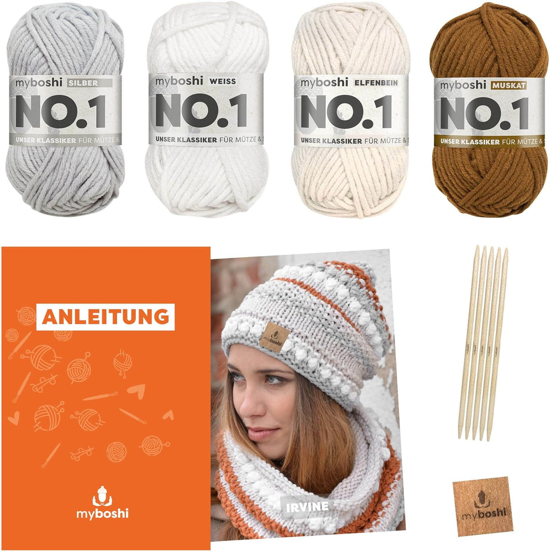 myboshi Strickset Mütze Irvine, Strickpaket für Fortgeschrittene, inkl. No.1 Wolle, Nadel, Anleitung