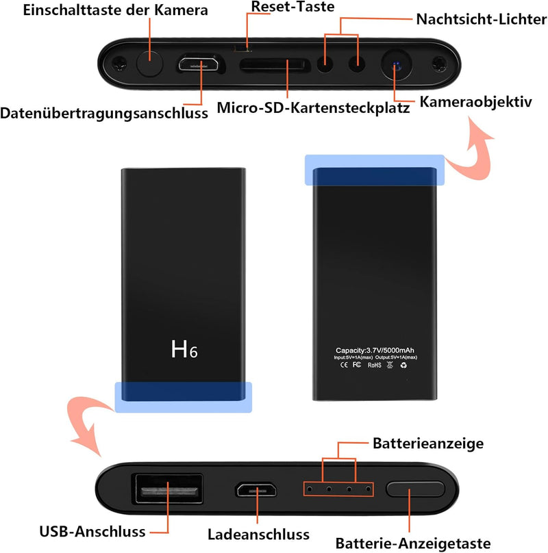 TANGMI Kleine Kamera, 1080P HD 5000mAh Mini HD Kamera, Gravitationssensor Powerbank Kamera mit Nacht