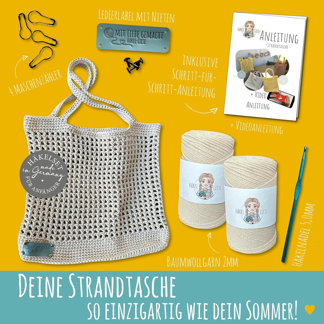 HÄKEL LIESE Häkelset Für Anfänger - Strandtasche Damen, Häkel Set für Anfänger Erwachsene, Häkelnade