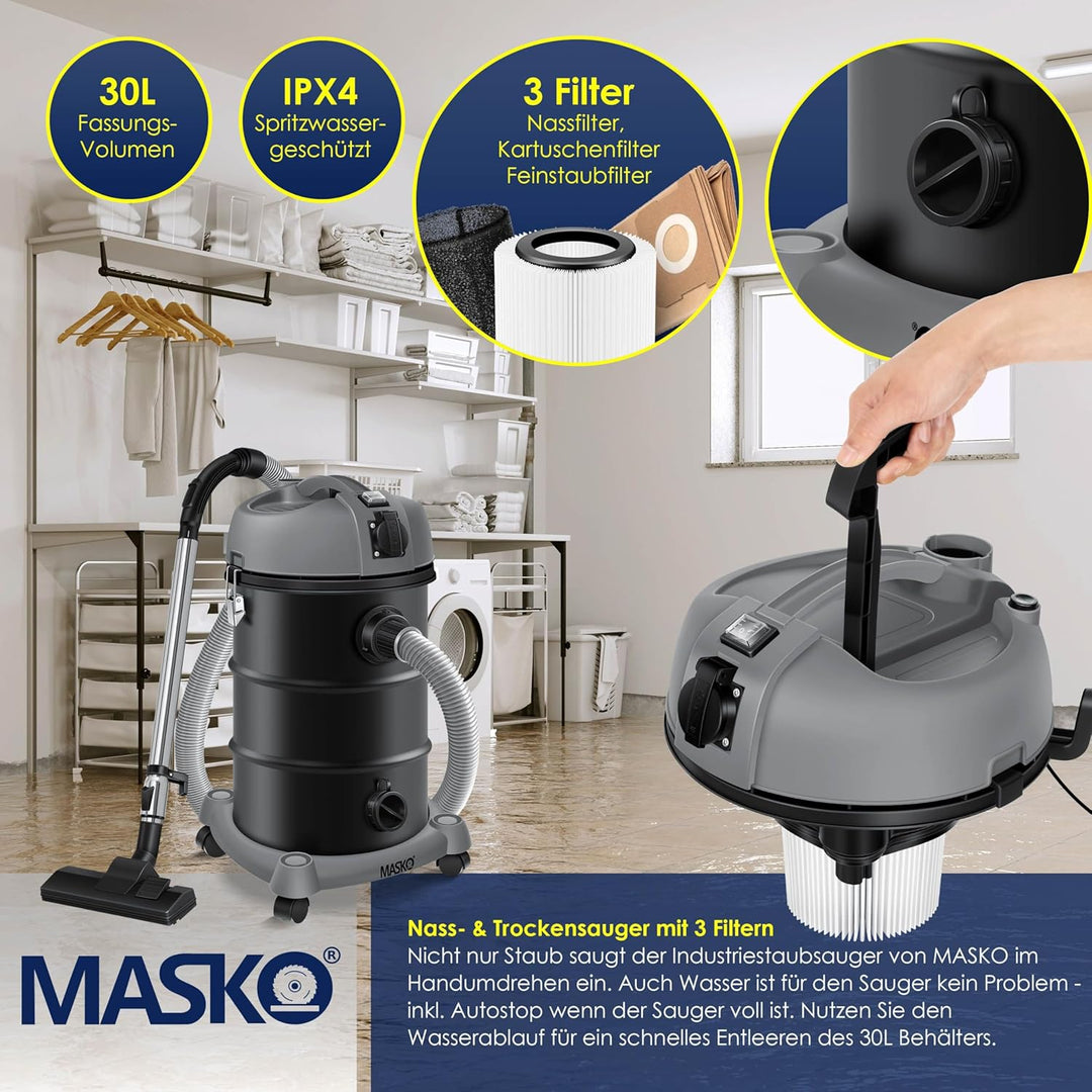 MASKO® 6IN1 Industriestaubsauger Staubsauger Nass Trocken Sauge Aschesauger 2300W + Steckdose✓ Blasf