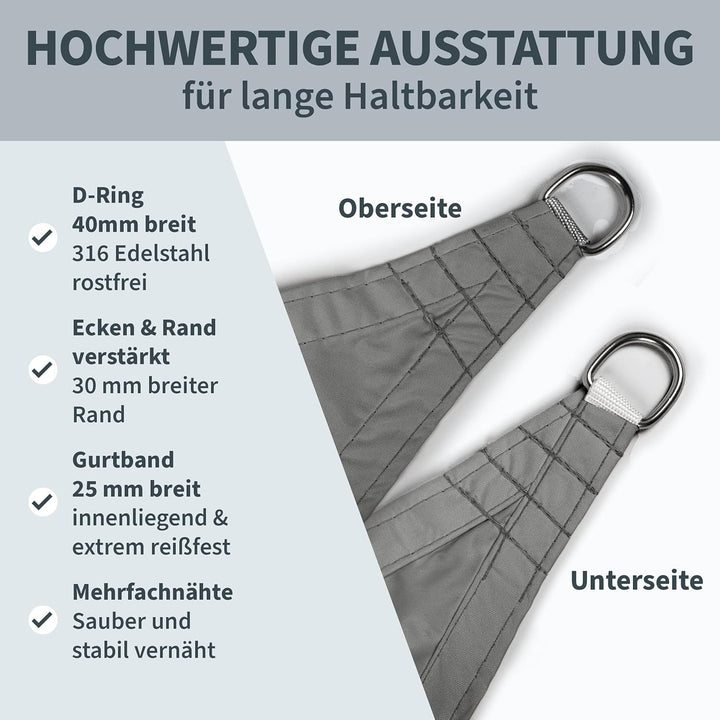 TTL GARDEN 3,6x3,6x3,6m Sonnensegel Dreieck gleichseitig anthrazit - Premium Polyester 300D 160g/m²