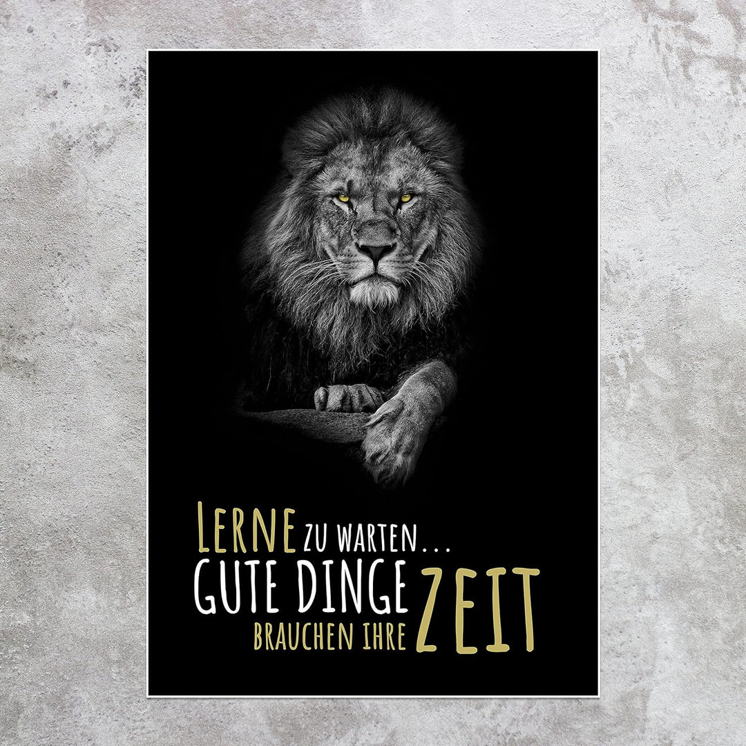 wandmotiv24 Poster als Wanddeko, Grösse 100x70cm, Gute Dinge brauchen Zeit, Löwe, Moderne Wanddeko,