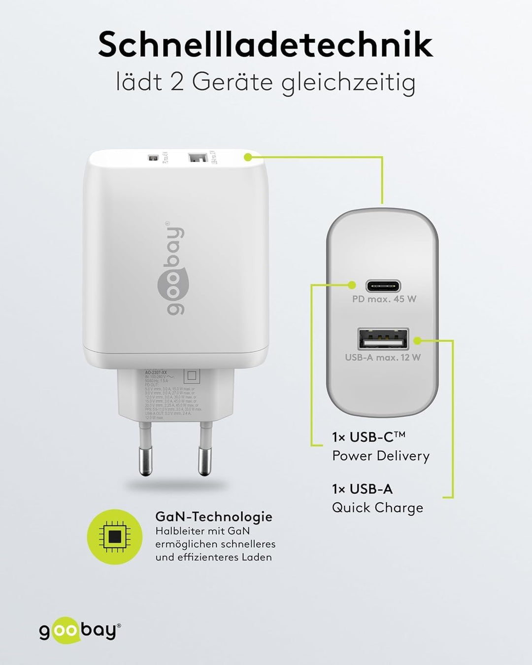 Goobay 65412 Dual Ladegerät 45W / USB-C &amp; USB-A Schnellladegerät Power Delivery/Ladenetzteil mit 2 U