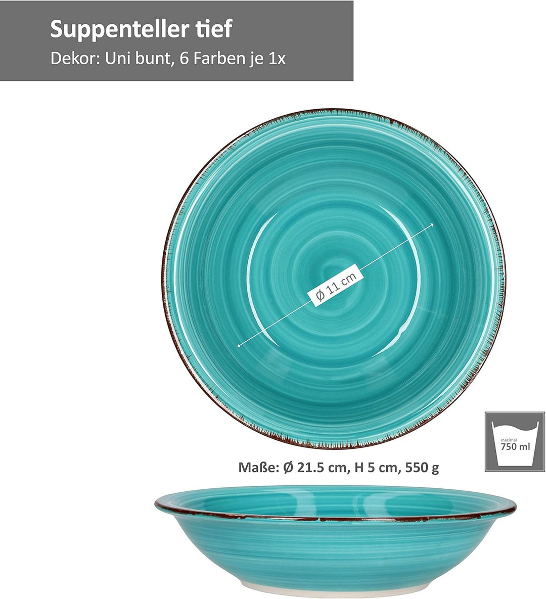MamboCat 6x Suppen-Teller Uni bunt I Steingut-Geschirr 6 Personen - Teller-Set farbenfrohes Design I