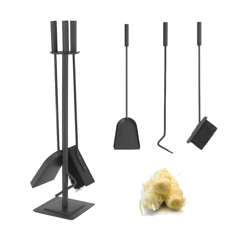 Kaminbesteck Kaminzubehör Set Kaminwerkzeug Ofenbesteck Schwarz 4-in-1-Set mit Besen, Schaufel, Eise