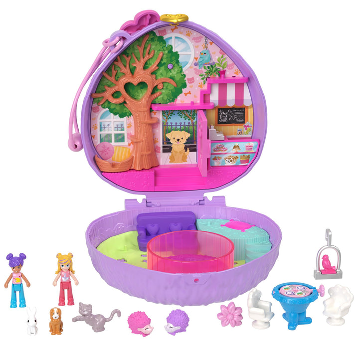Polly Pocket Igel-Café Schatulle - Spielset mit 2 Puppen, 12 Accessoires und 9 Tieren, drehendes Ige