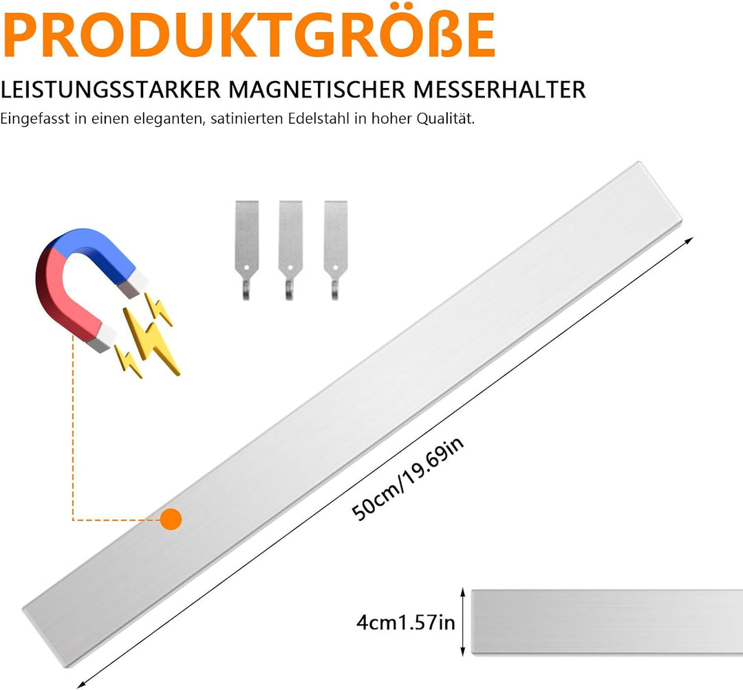 50cm Magnetleiste Messer Selbstklebend mit 3 Haken | Messerhalter Magnetisch, Messermagnete Wand Ohn