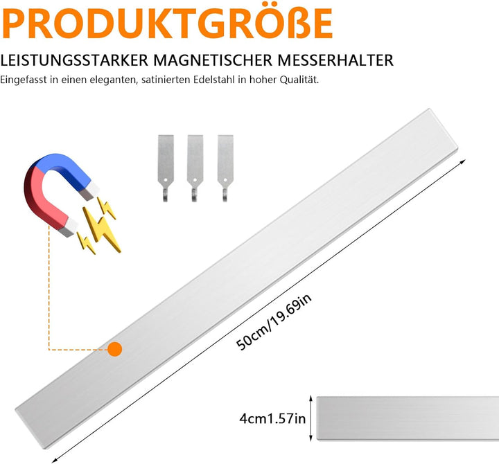 50cm Magnetleiste Messer Selbstklebend mit 3 Haken | Messerhalter Magnetisch, Messermagnete Wand Ohn