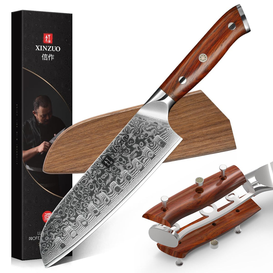 XINZUO 18cm Damaststahl Santokumesser, Damastmesser Chefmesser Profi geschmiedet Kochmesser, Scharfe