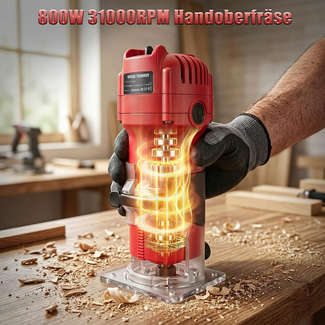YEARTOP Kantenfräse Holz 800W, Oberfräse Set mit 6tlg. Fräsern in Holzbox, 31000 U/min Einhandfräse