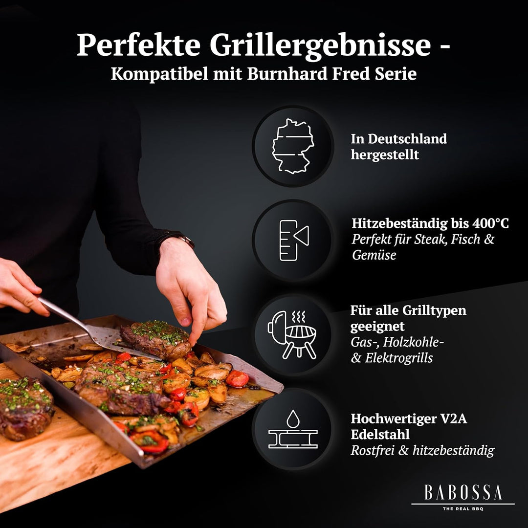 BABOSSA Grill Plancha aus V2A Edelstahl – Erstklassige Verarbeitung & perfekte Hitzeverteilung – kom