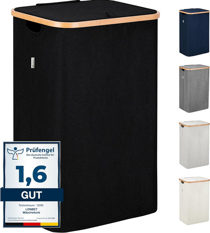 Lonbet - Black Laundry Baskets with Lid - XL 100 L - Large Hamper with Handles - for Bedrooms - Bamb