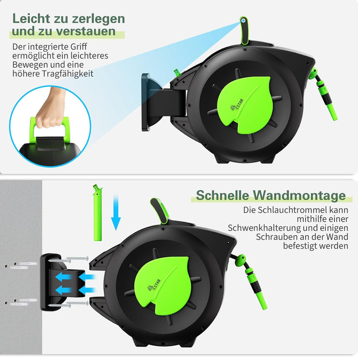 Schlauchtrommel 30m+2m, Wandmontage Schlauchbox mit Aufroll-Automatik & 180° Schwenkbar, Inkl Spritz