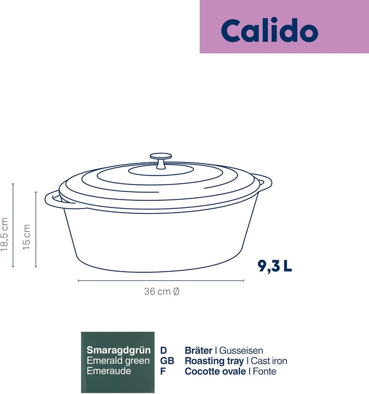 kela Bräter Gusseisen oval 9,3 Liter, Dutch Oven CALIDO, Induktion Gussbräter mit Deckel, Gusseisen