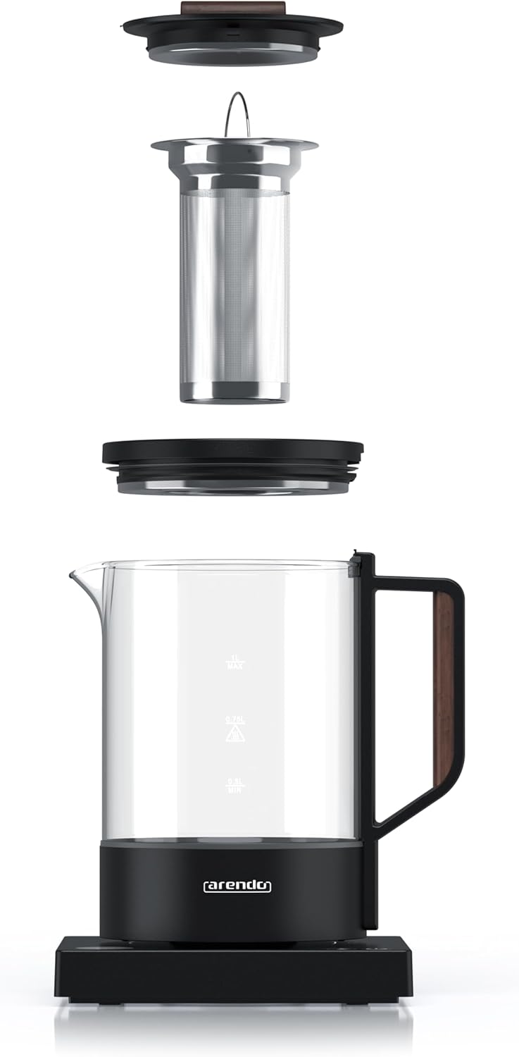 Arendo - Glas Wasserkocher mit Temperatureinstellung - Edelstahl Teekocher 1 Liter – Integriertes Te