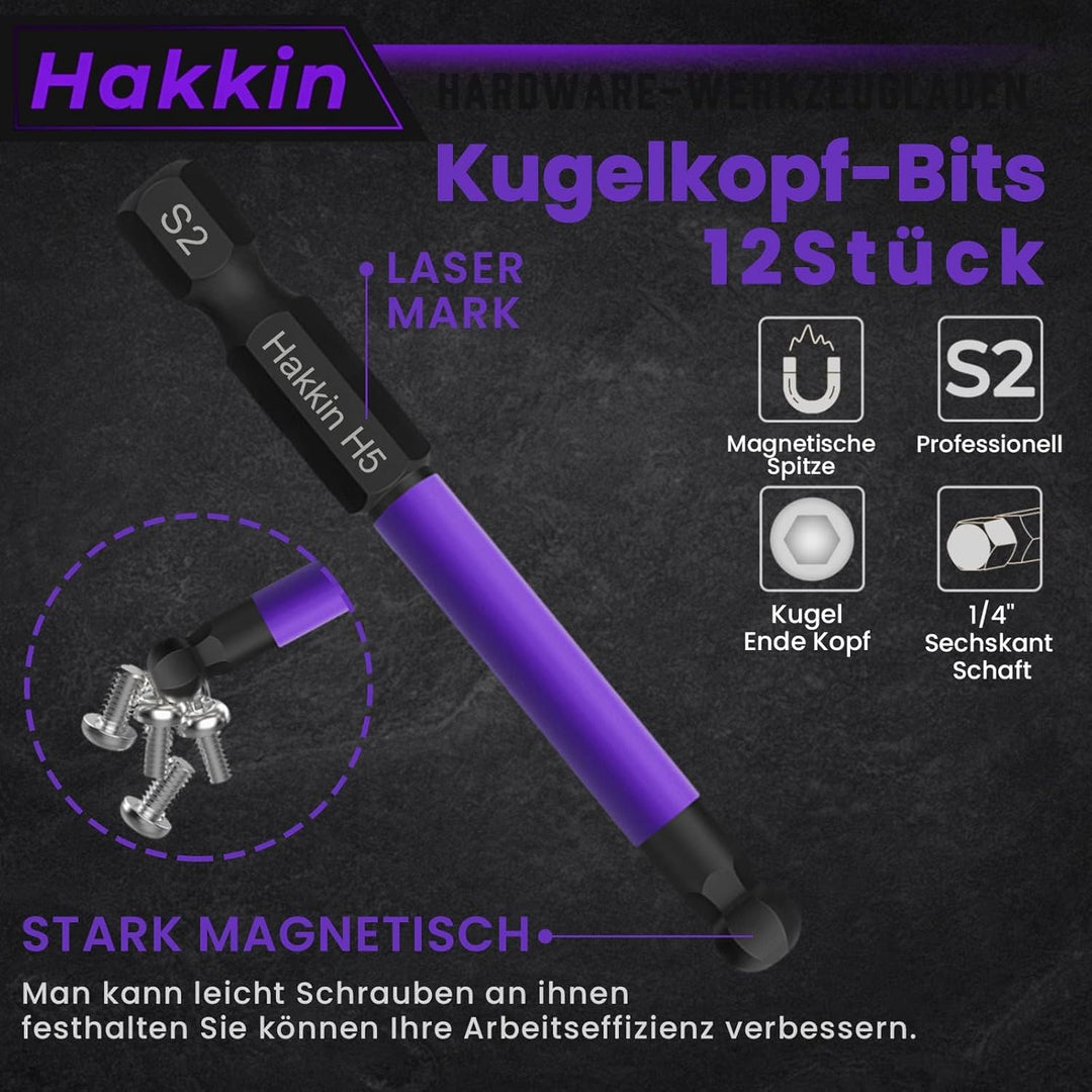 Hakkin Sechskant Bit Set Lang12 Stück 65 mm Kugelkopf Schraubendreher Bit 1/4" S2 Bitsatz für Akkusc