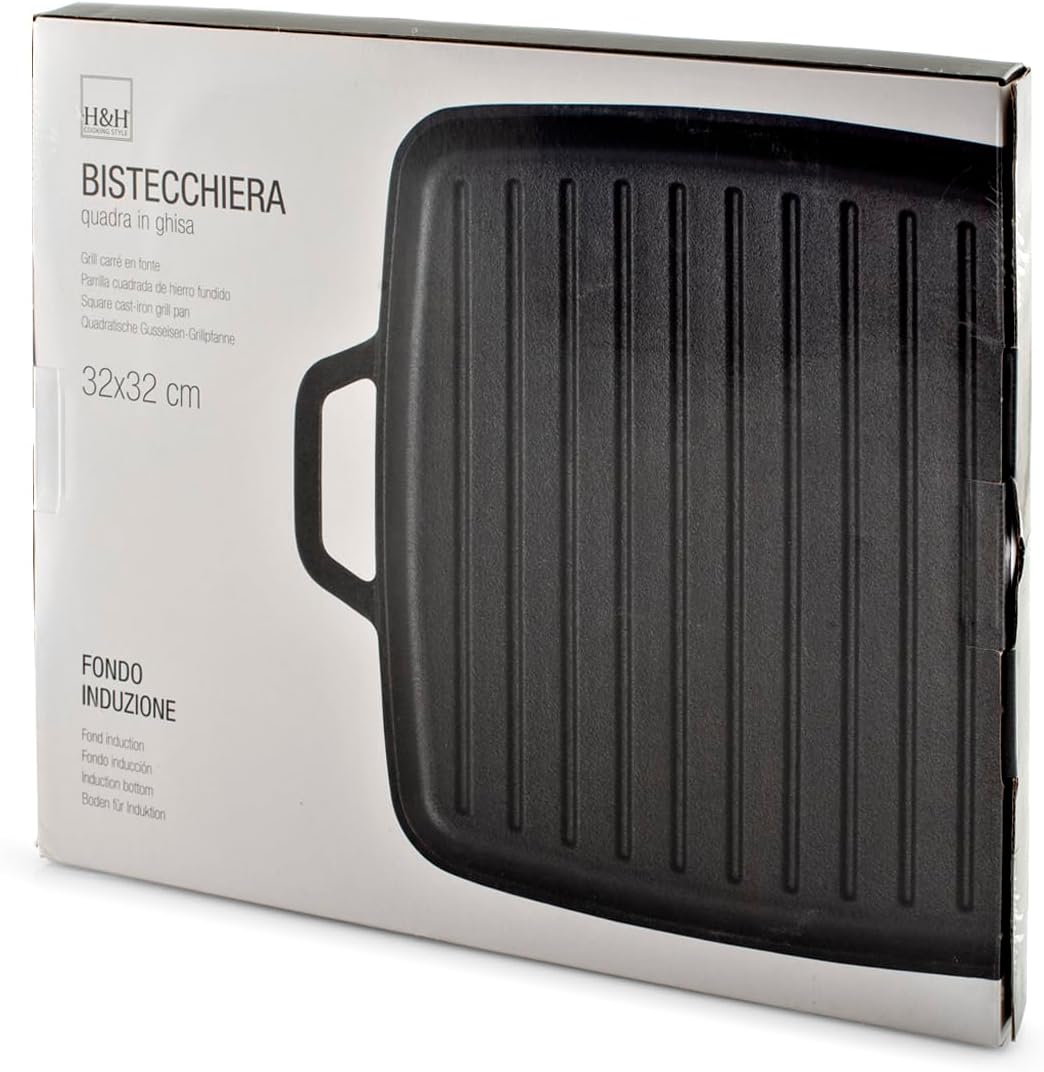 H&amp;H Grillpfanne aus emailliertem Gusseisen, quadratisch, 32 cm, mit 2 Griffen – kompatibel mit Induk