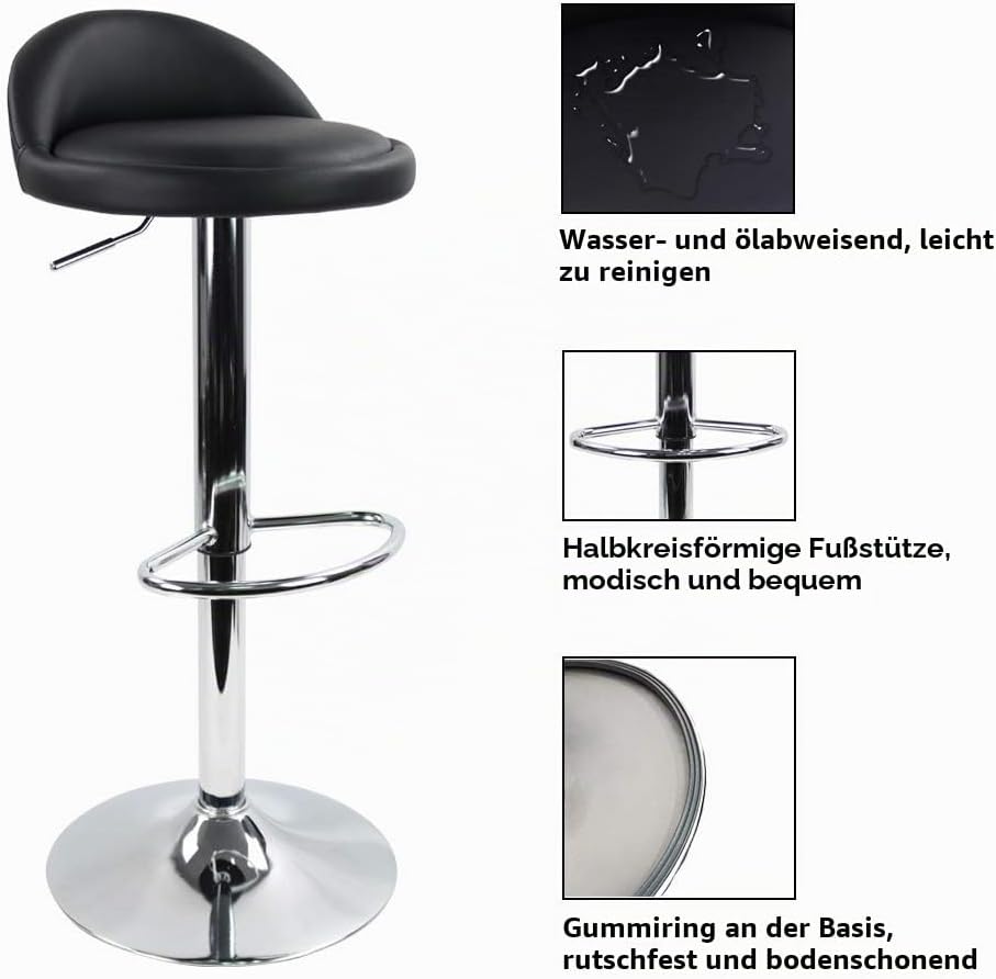 KKTONER Barhocker Tresenhocker höhenverstellbar 60-80cm mit Fussstütze PU Leder Schwarz, Schwarz