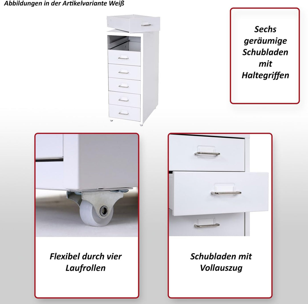 Mendler Rollcontainer Boston T851, Schubladenschrank Stahlschrank, 69x28x41cm 6 Schubladen - rot, Ro