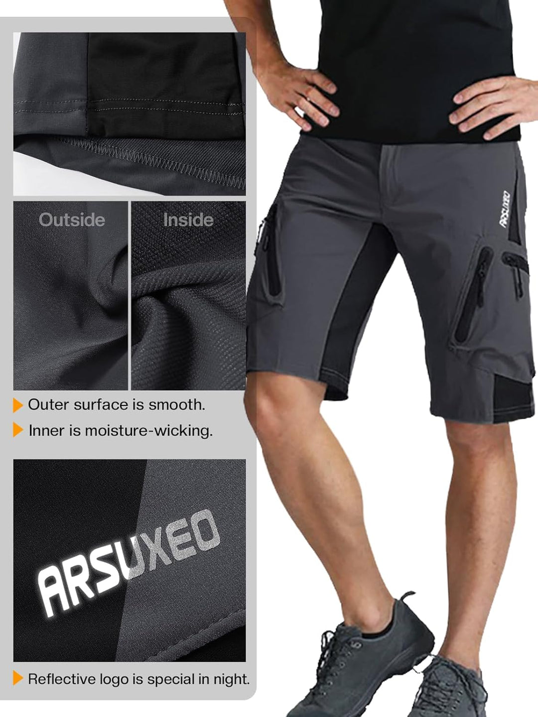 ARSUXEO Herren Radhose Loose Fit MTB Shorts Wasserabweisende Outdoor Sporthose mit 7 Taschen 1202 S