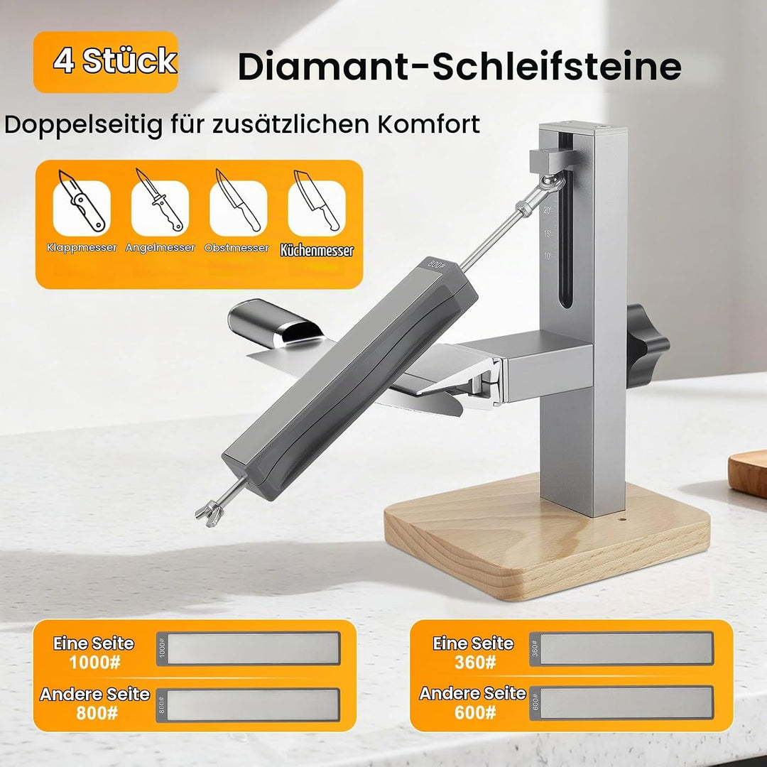 Manueller Messerschärfer mit 4 Diamantsteinen, verstellbarer Klemme und verstellbarem Schärfwinkel,