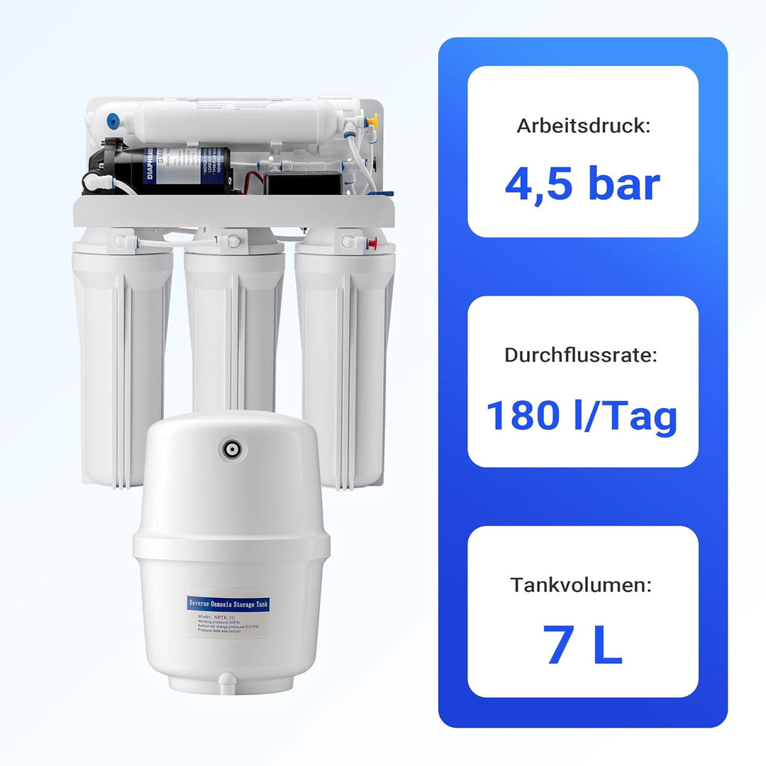 Naturewater 5 Stufen Umkehrosmose RO 180 L/Tag mit Druckerhöhungspumpe und manuellem Ventil