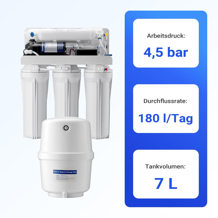 Naturewater 5 Stufen Umkehrosmose RO 180 L/Tag mit Druckerhöhungspumpe und manuellem Ventil