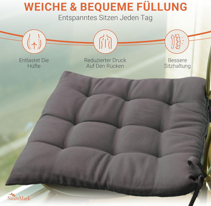NatureMark 4er Set Stuhlkissen mit Bändern 40x40 cm – Gefüllte Sitzkissen, Outdoor & Indoor – Anthra