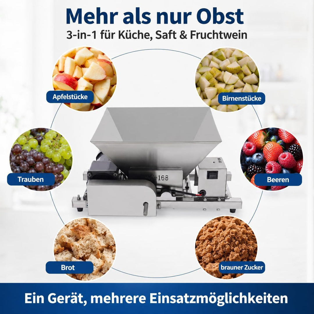 Elektrische Obstmühle Edelstahl 60W, Obstzerkleinerer mit 20kg/h &amp; Vor-/Rücklauf, Fruchtmühle Mostmü