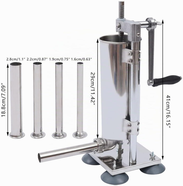 Wurstfüller Manuell 3L/6lbs Edelstahl – Wurstfüllmaschine Vertikal mit 4 Füllrohren, Wurstpresse Fle