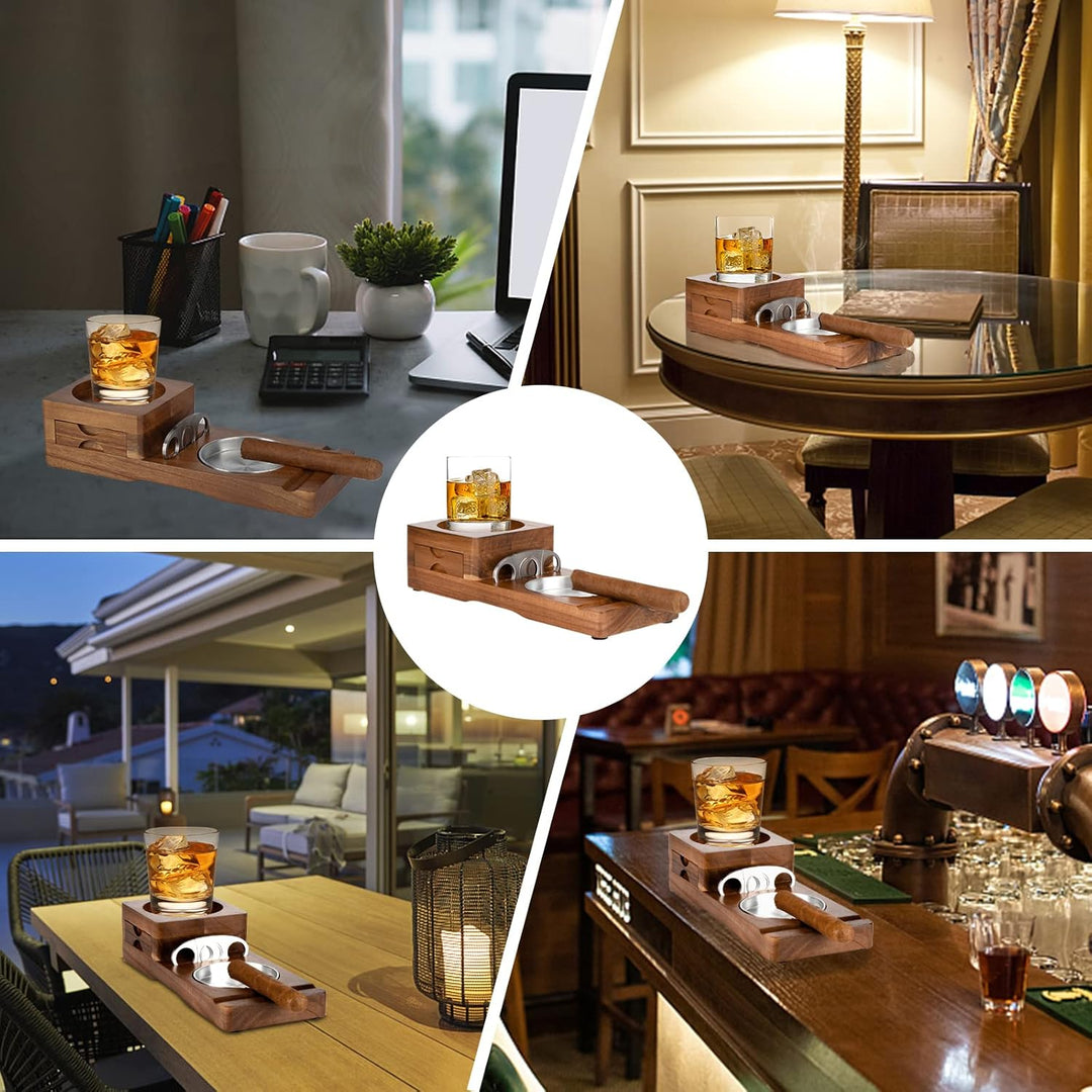 Scotte Zigarrenaschenbecher Untersetzer Whiskeyglas-Tablett & Holzaschenbecher mit Zigarrenschneider