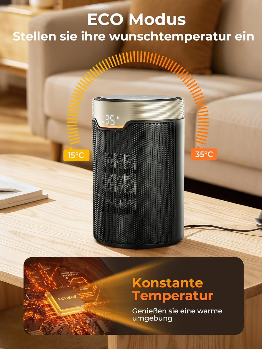 Heizlüfter Energiesparend, 1500W PTC Keramik Elektrischer Heizlüfter mit Thermostat, ECO-Modus, Leis