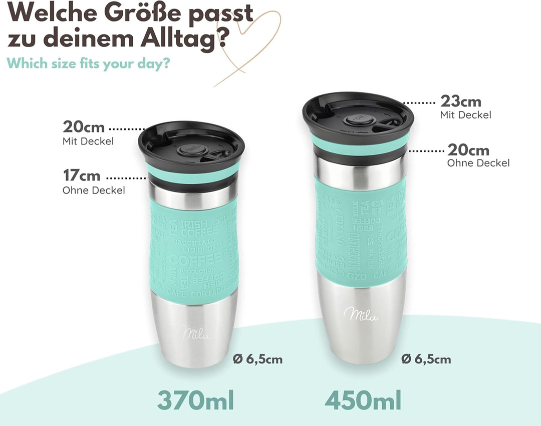 Milu Thermobecher 370ml 450ml Isolierbecher Kaffeebecher to go - 100% Auslaufsicher - Trinkbecher au