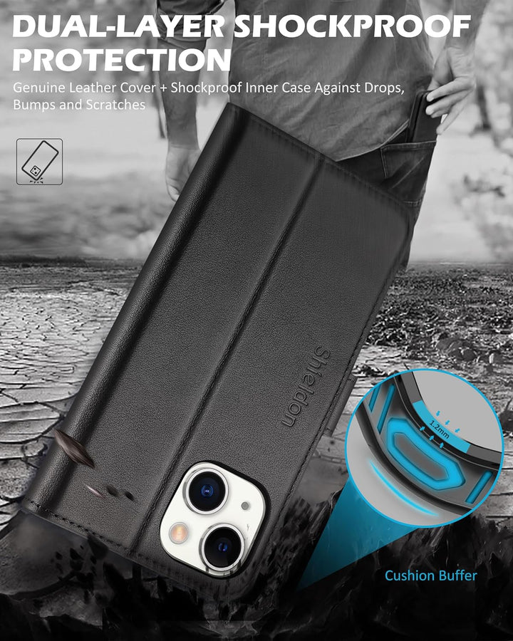 SHIELDON Hülle für iPhone 14 Plus 5G Handyhülle TPU Schutzhülle [Echtleder] [Kartenfach] [Magnet] [S