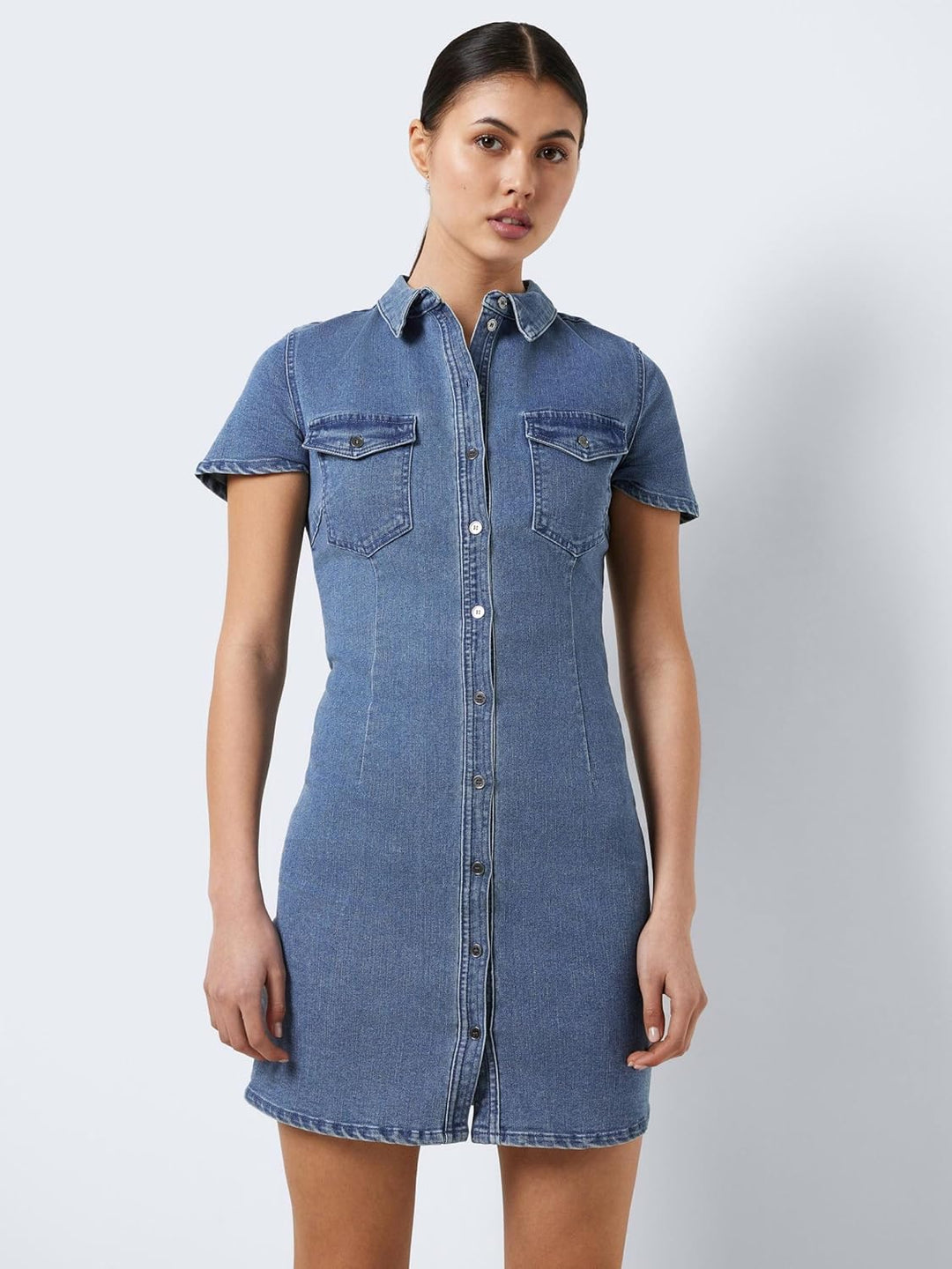 Noisy may Joy Short Sleeve Mid Wash Denim Day Dress M Medium Blue Denim, M Medium Blue Denim