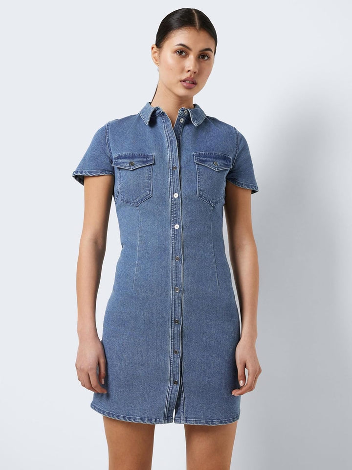 Noisy may Joy Short Sleeve Mid Wash Denim Day Dress M Medium Blue Denim, M Medium Blue Denim